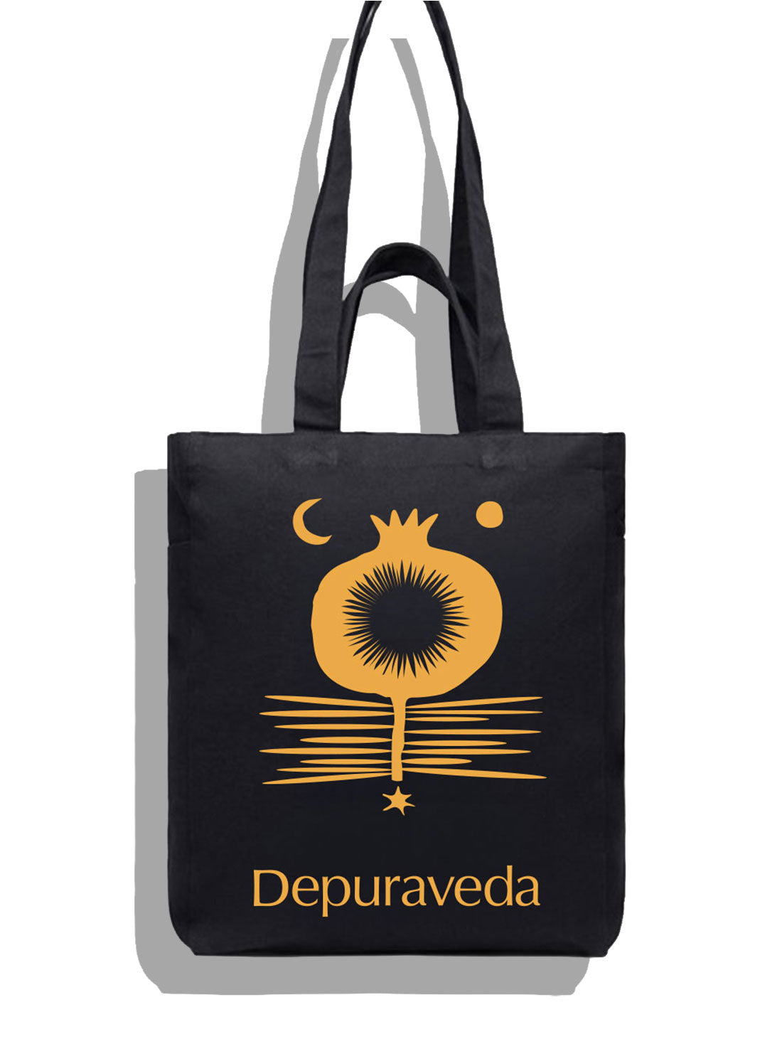 A black canvas tote bag with gold printed graphics and the word &