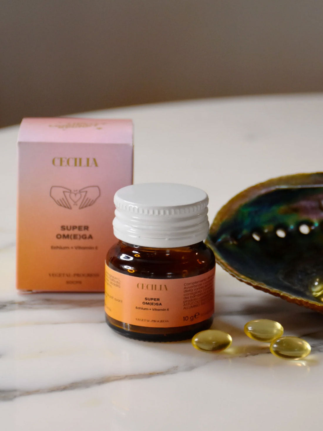 Depuravita Super Omega bottle in a natural lifestyle setting – holistic beauty supplement with Vitamin E