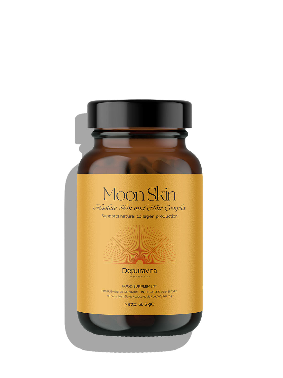 A bottle of Moon Skin Absolute Skin and Hair Complex dietary supplement by Depuravita, featuring an amber glass bottle with a black cap and a golden-yellow label, set against a plain white background with a soft shadow.