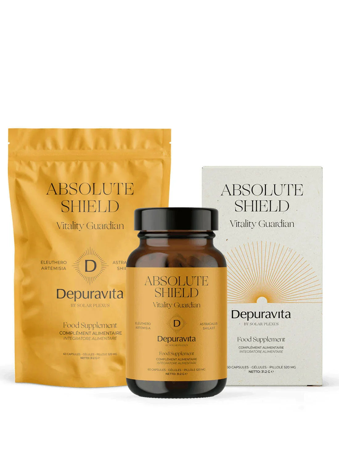 Depuravita Absolute Shield supplement  – daily herbal capsules formulated with Shilajit, Astragalus root, Eleuthero extract, and Artemisia