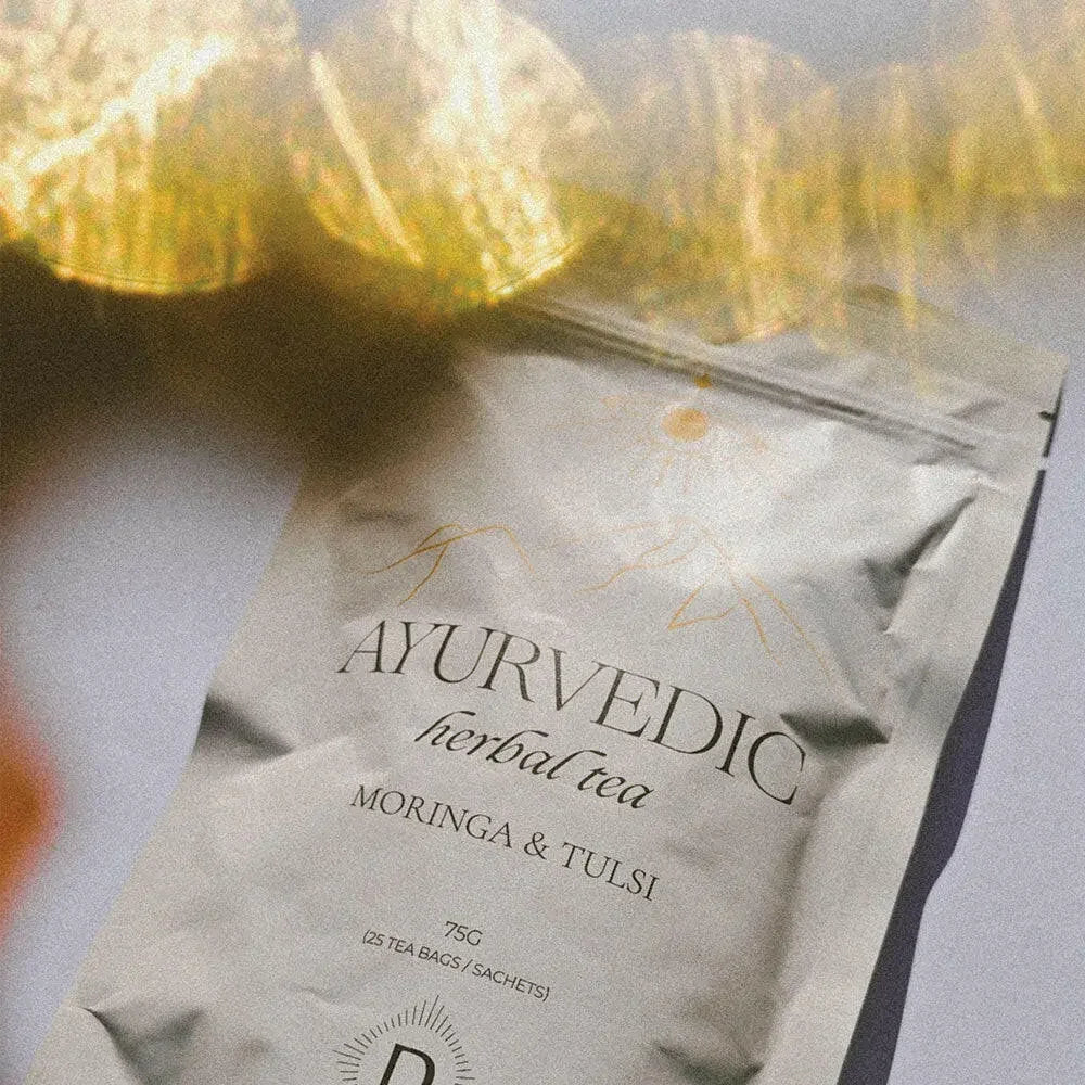 Ayurvedic herbal blend featuring moringa and tulsi for natural health benefits and wellness