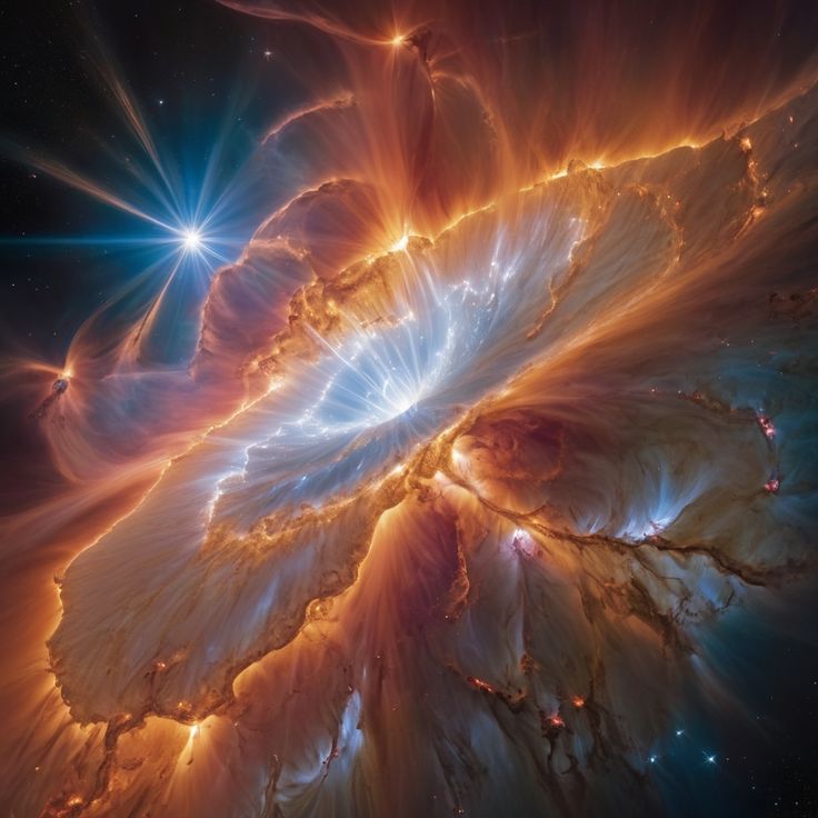 A dramatic cosmic nebula scene with glowing orange and gold gas clouds, a bright white and blue central burst, and star-like points against a dark space background.