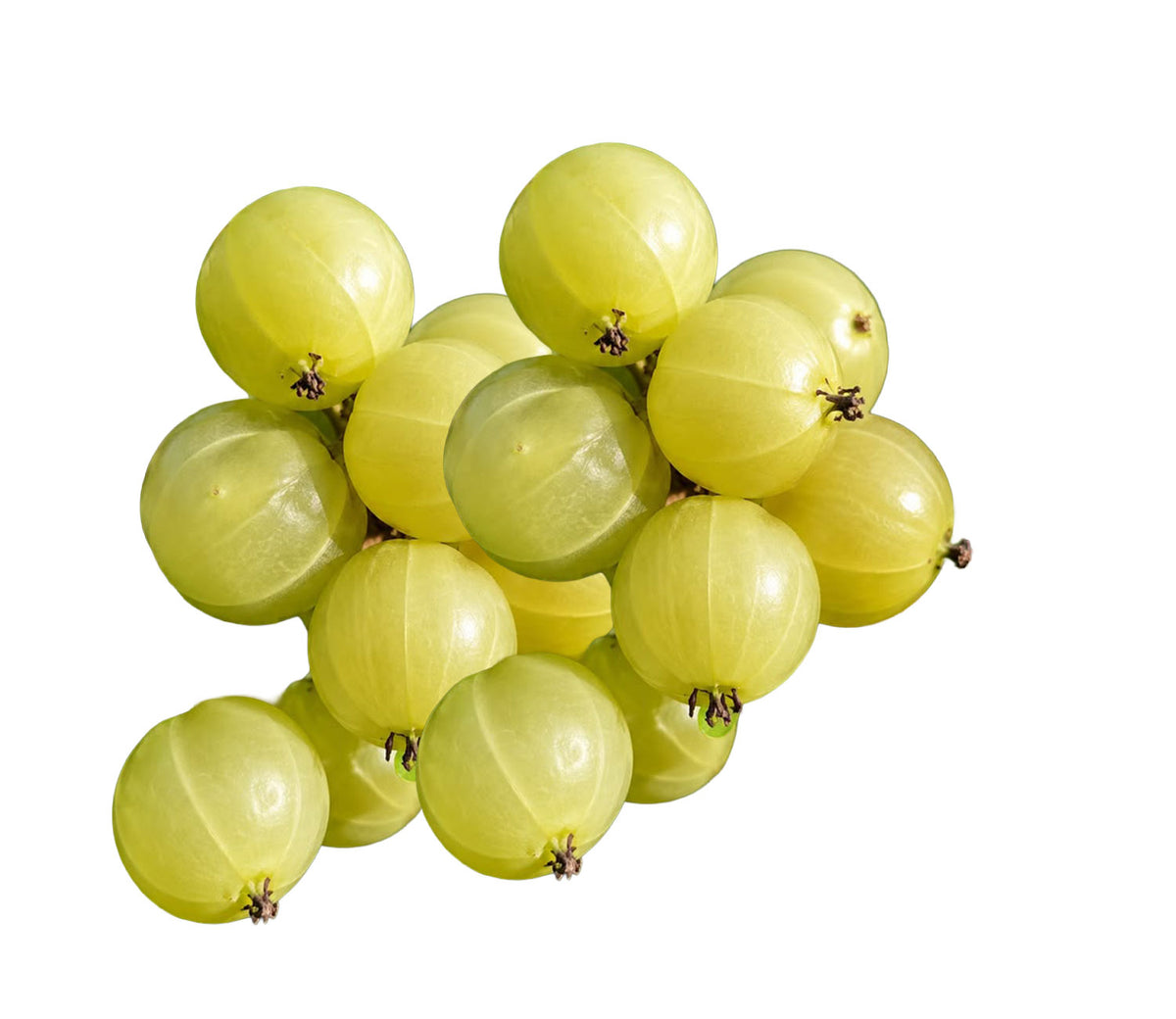 A cluster of pale yellow-green amla berries on a solid white background.