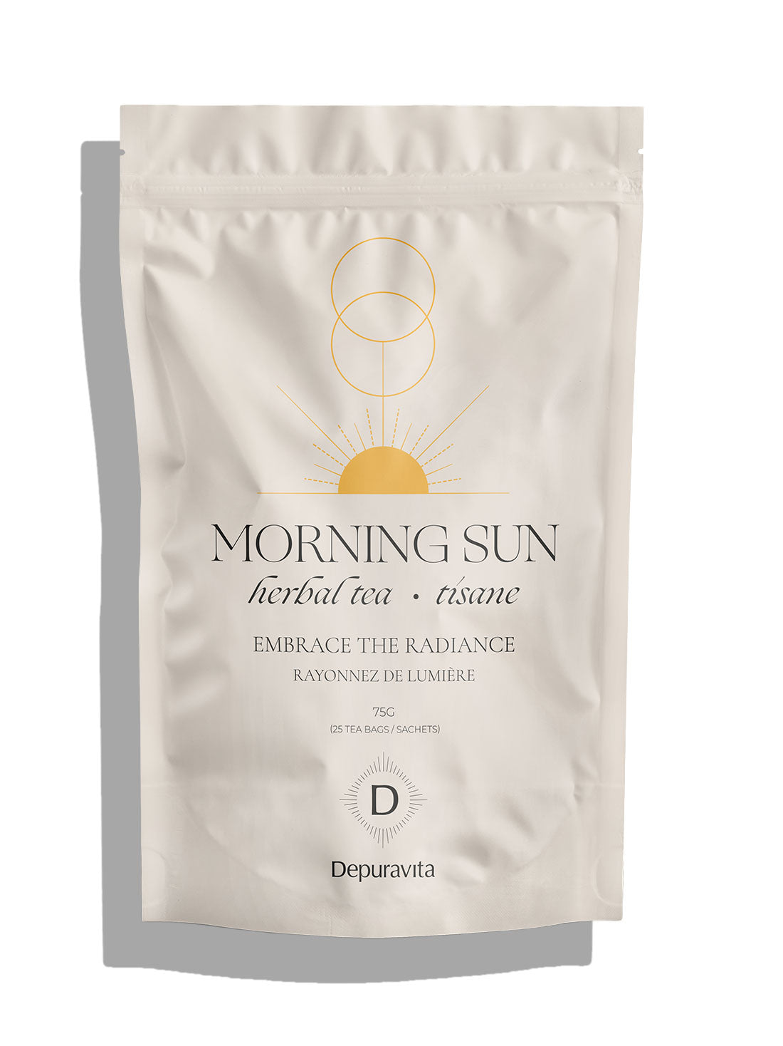 A stand-up pouch of Depuravta Morning Sun herbal tea in a warm off-white color, featuring a minimalist gold sun and geometric line art design on the front.
