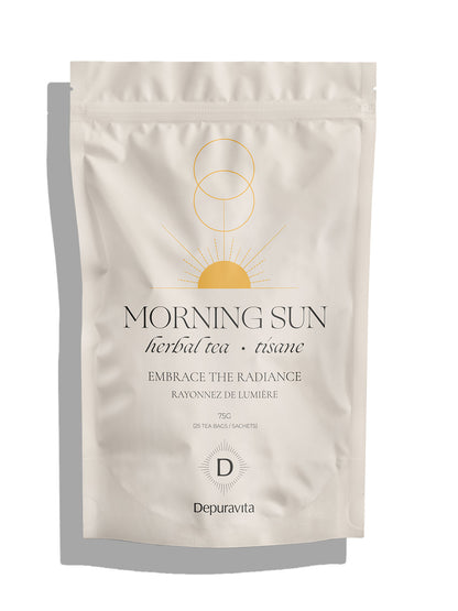 A stand-up pouch of Depuravta Morning Sun herbal tea in a warm off-white color, featuring a minimalist gold sun and geometric line art design on the front.