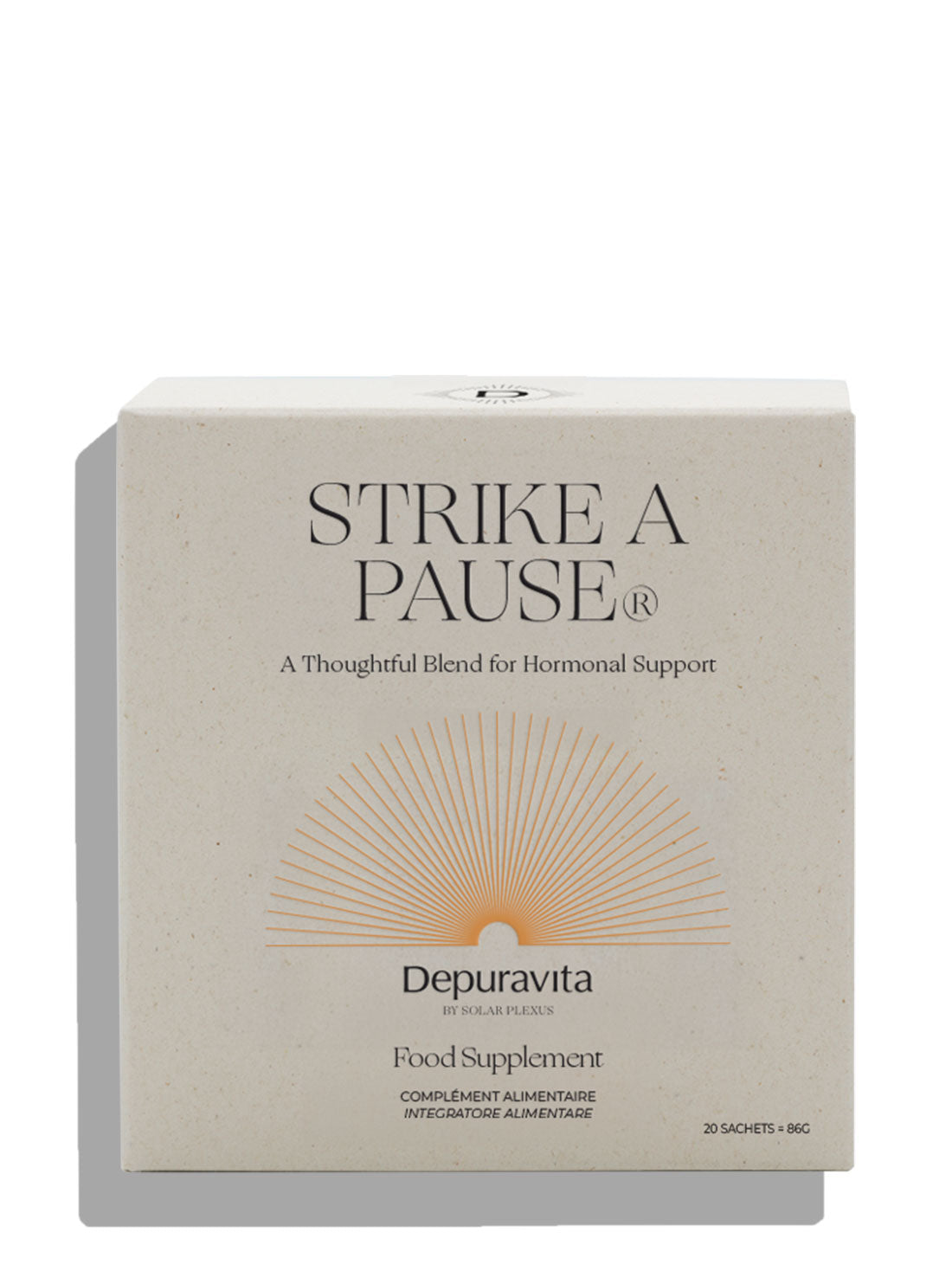 A square beige product box for Depuravita Strike A Pause Food Supplement, featuring black text and an orange sunburst graphic on a clean white background.