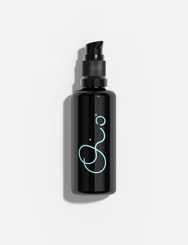 Oio Lab Intercellular Serum A sleek black pump bottle with a light blue abstract line graphic on the front, set against a clean white background with a soft shadow.