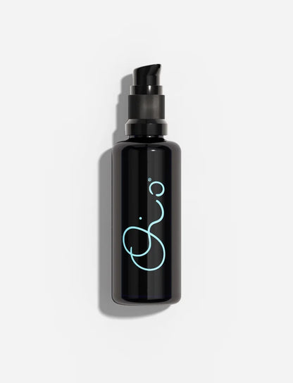 Oio Lab Intercellular Serum A sleek black pump bottle with a light blue abstract line graphic on the front, set against a clean white background with a soft shadow.