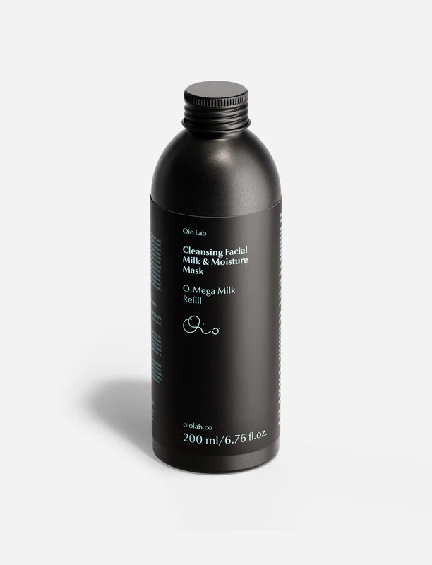 Aluminum refill bottle of Oio Lab Cleansing Facial Milk &amp; Moisture Mask on a light gray background.