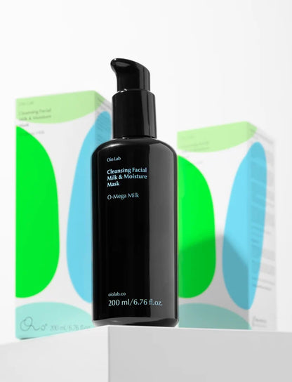 Oio Lab O Mega Milk Black facial mask bottle with packaging on a white background