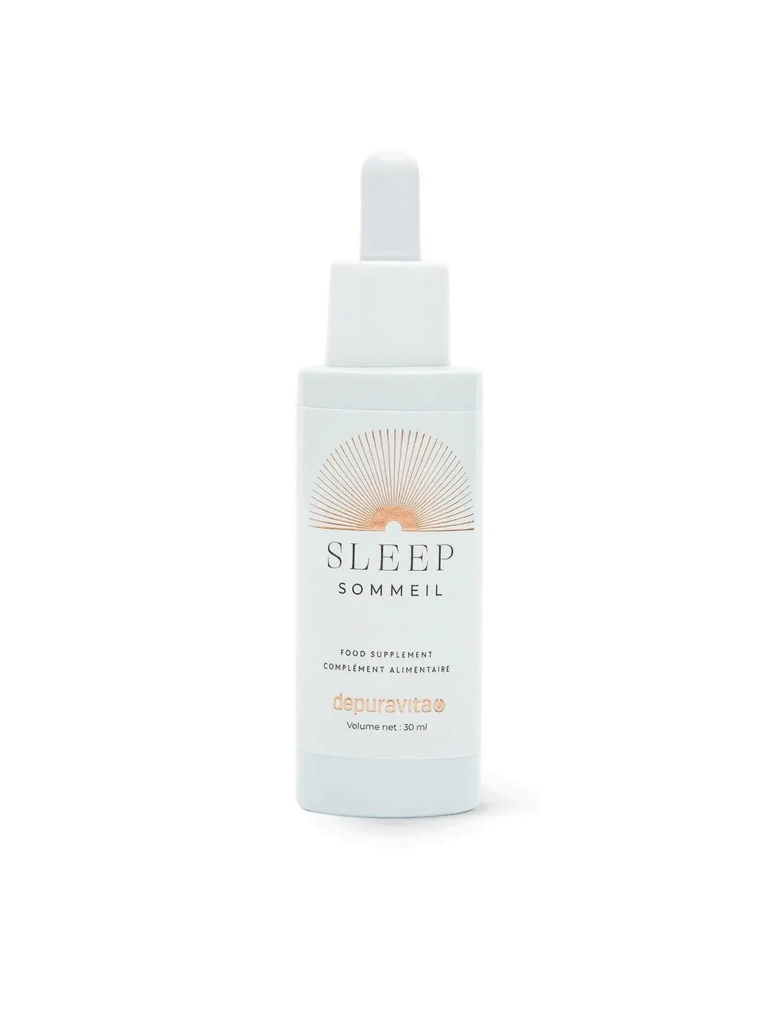 A bottle of Depuravita Sleep Facial Serum with a dropper, designed to promote relaxation and improve sleep quality. 