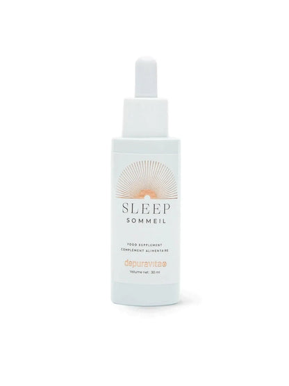 A bottle of Depuravita Sleep Facial Serum with a dropper, designed to promote relaxation and improve sleep quality. 
