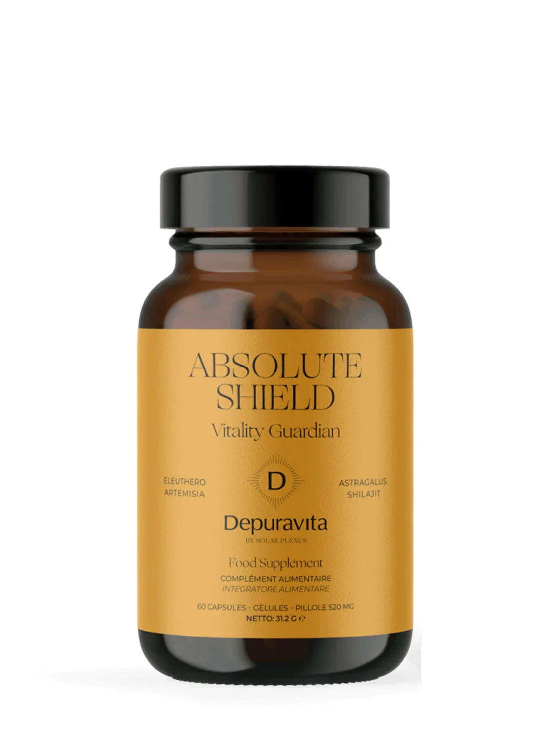 Depuravita Absolute Shield supplement jar – daily herbal capsules formulated with Shilajit, Astragalus root, Eleuthero extract, and Artemisia