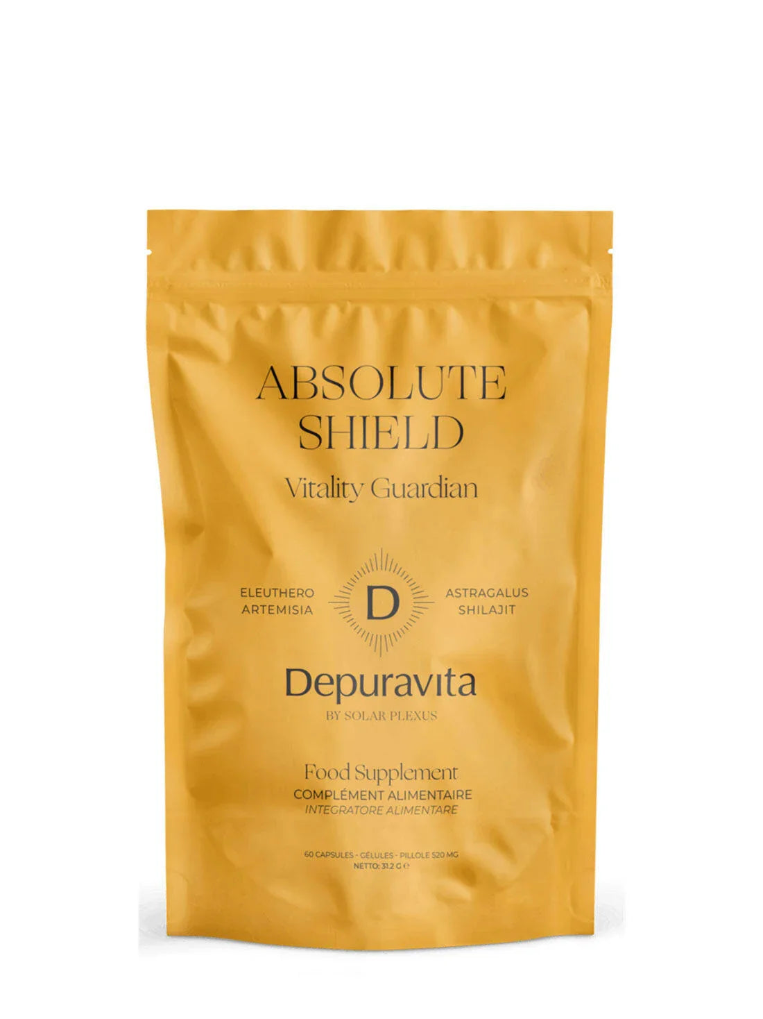 Depuravita Absolute Shield supplement refill bag – daily herbal capsules formulated with Shilajit, Astragalus root, Eleuthero extract, and Artemisia