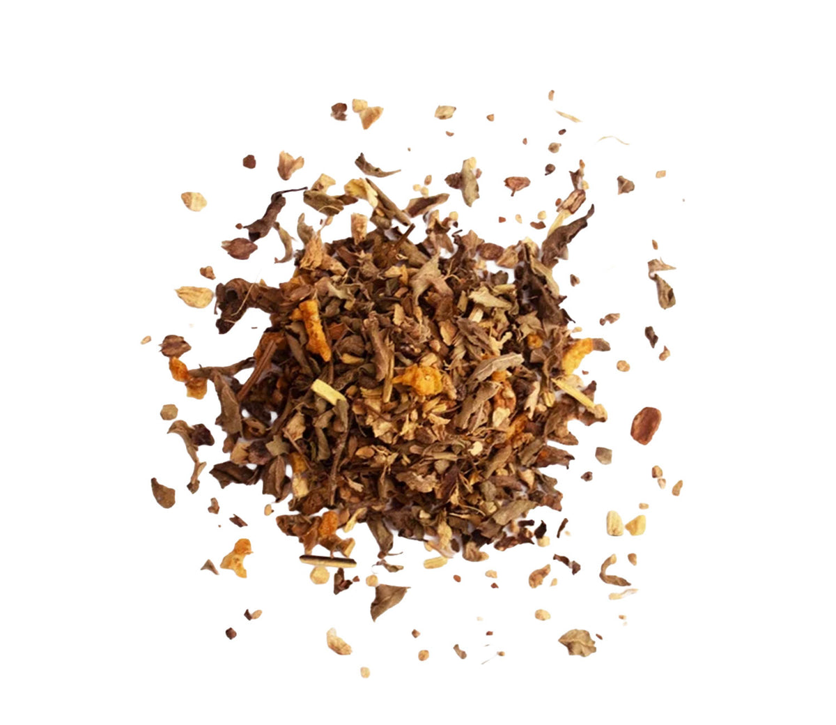 A small pile of loose-leaf herbal tea blend with visible dried flowers, leaves, and small orange pieces, scattered on a plain white background.