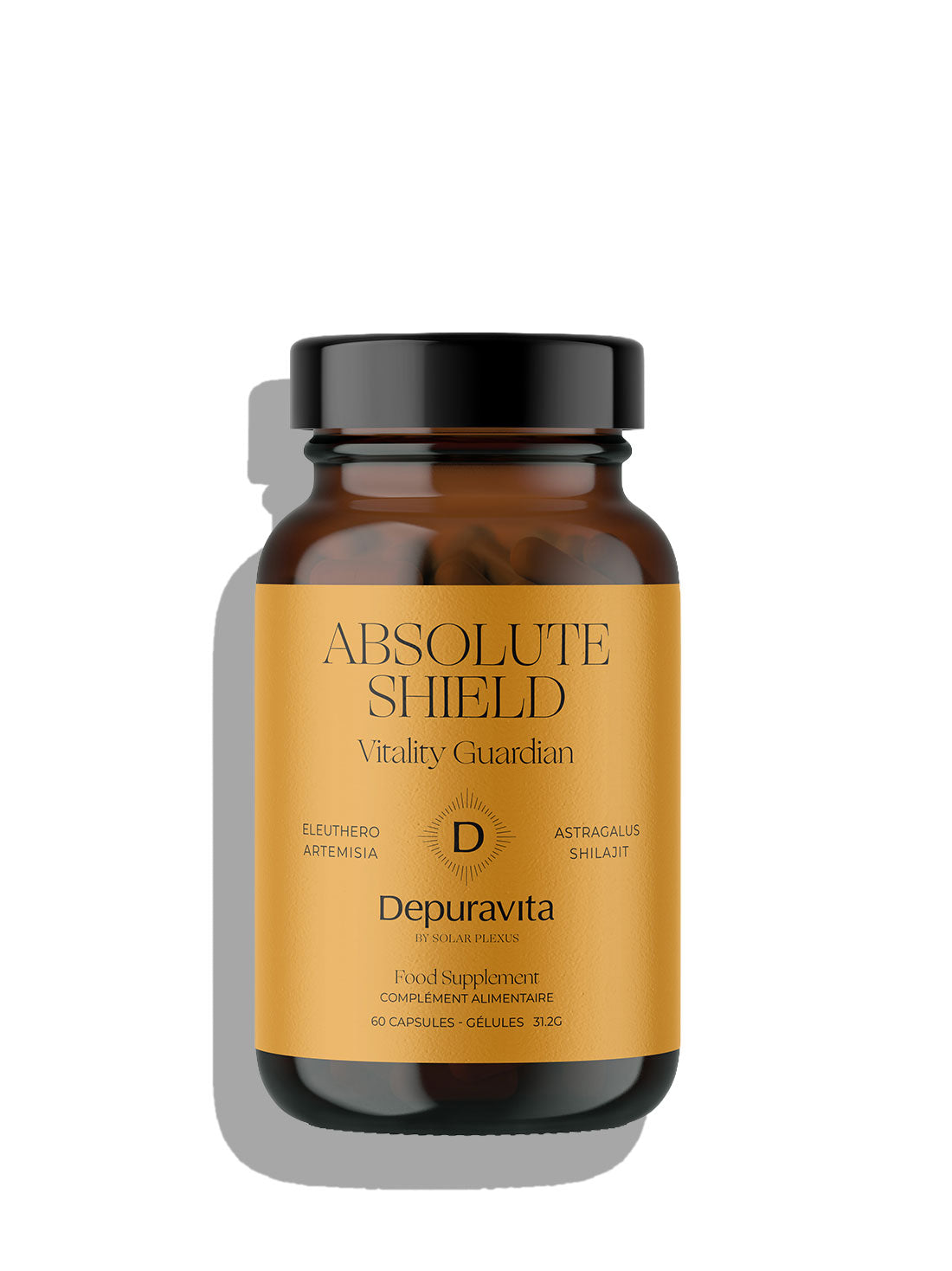 A bottle of Depuravita Absolute Shield Vitality Guardian dietary supplement, featuring an amber glass bottle with a black cap and a mustard-yellow label, set against a plain white background with a soft shadow.