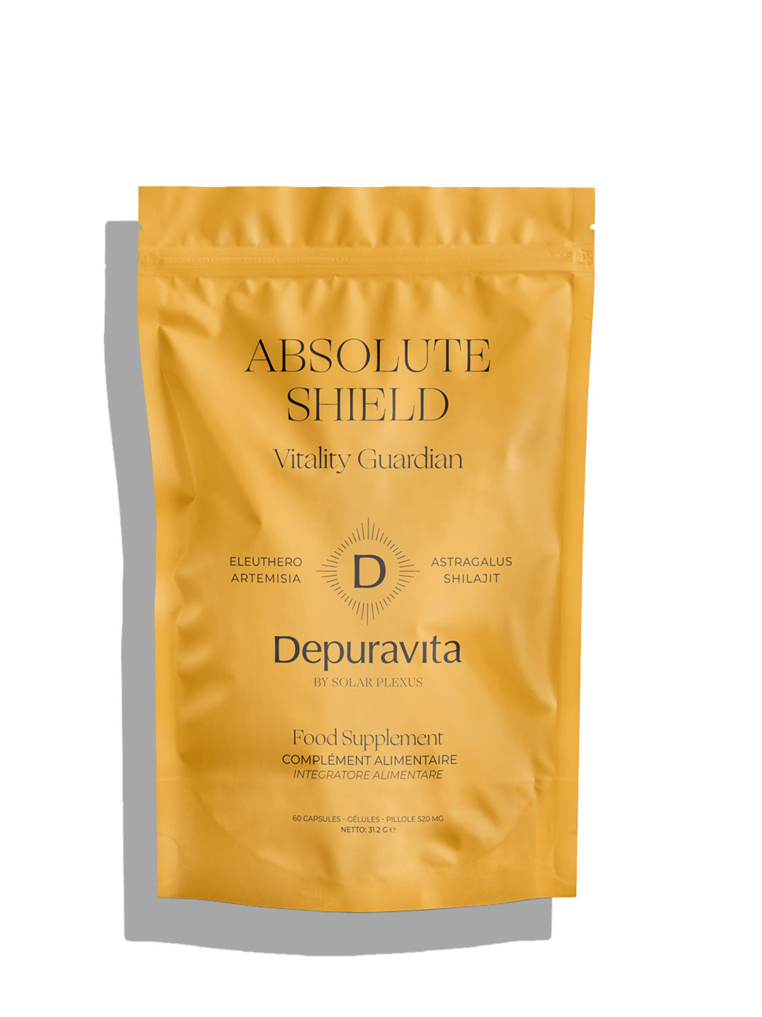 A golden-yellow stand-up pouch of Depuravita Absolute Shield food supplement, featuring black text and a central &
