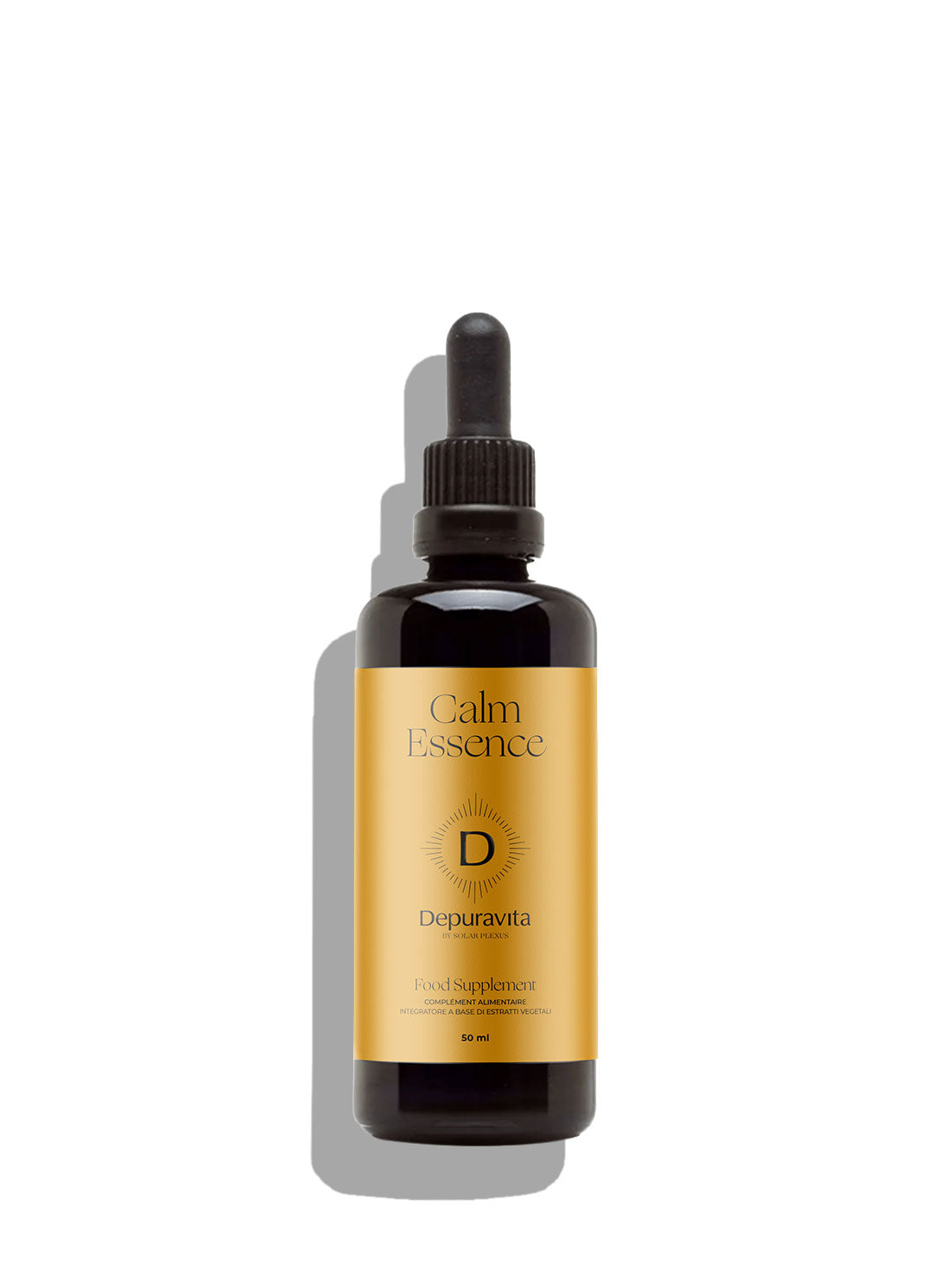A dark amber glass dropper bottle with a black dropper cap and a metallic gold label reading &