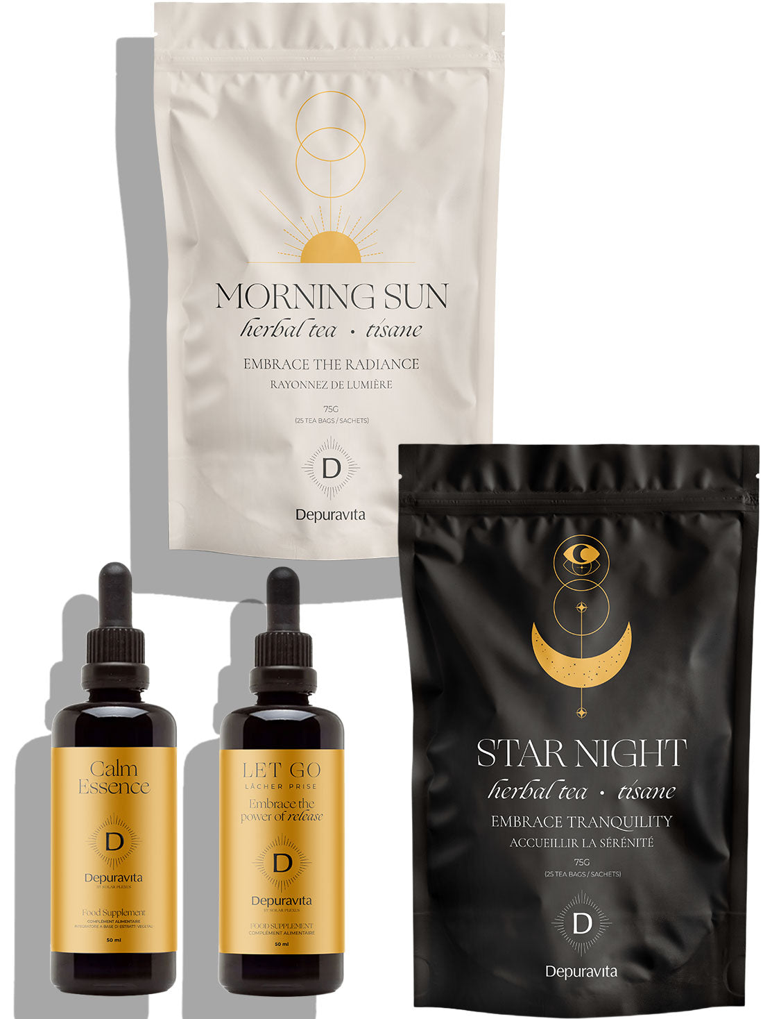 Depuravita bundle for detox made of calm essence let go and the morning sun and star night herbal teas
