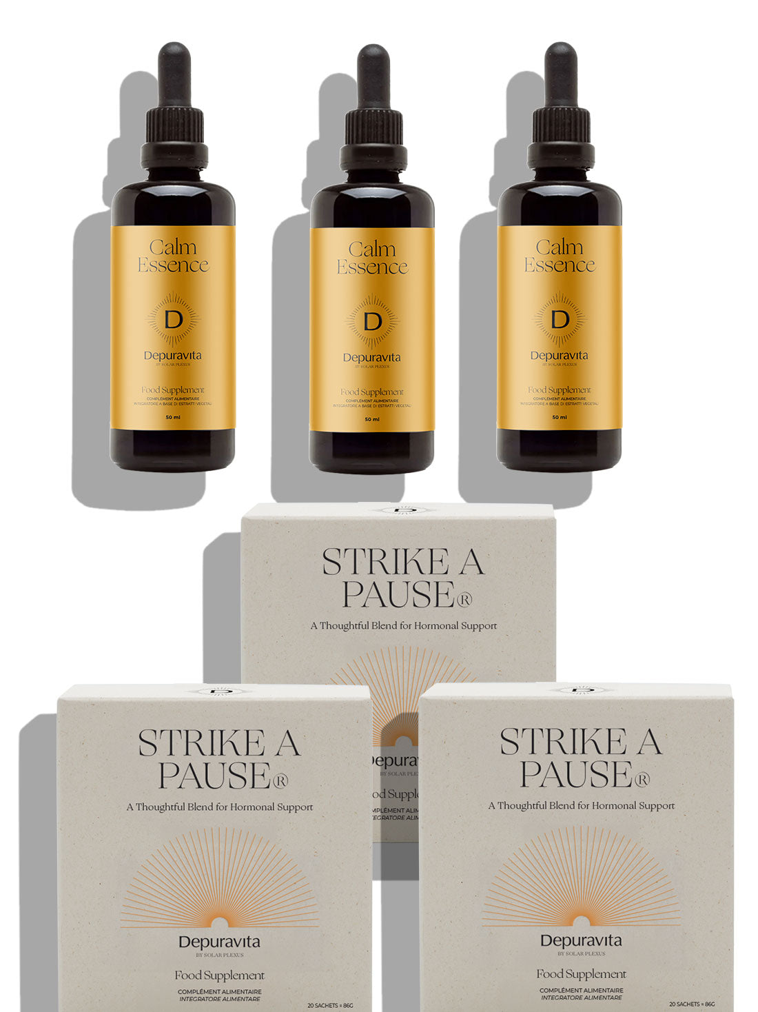 Three dark amber dropper bottles with gold labels labeled &