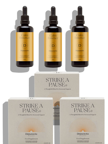 Three dark amber dropper bottles with gold labels labeled &