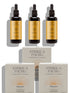 Three dark amber dropper bottles with gold labels labeled &