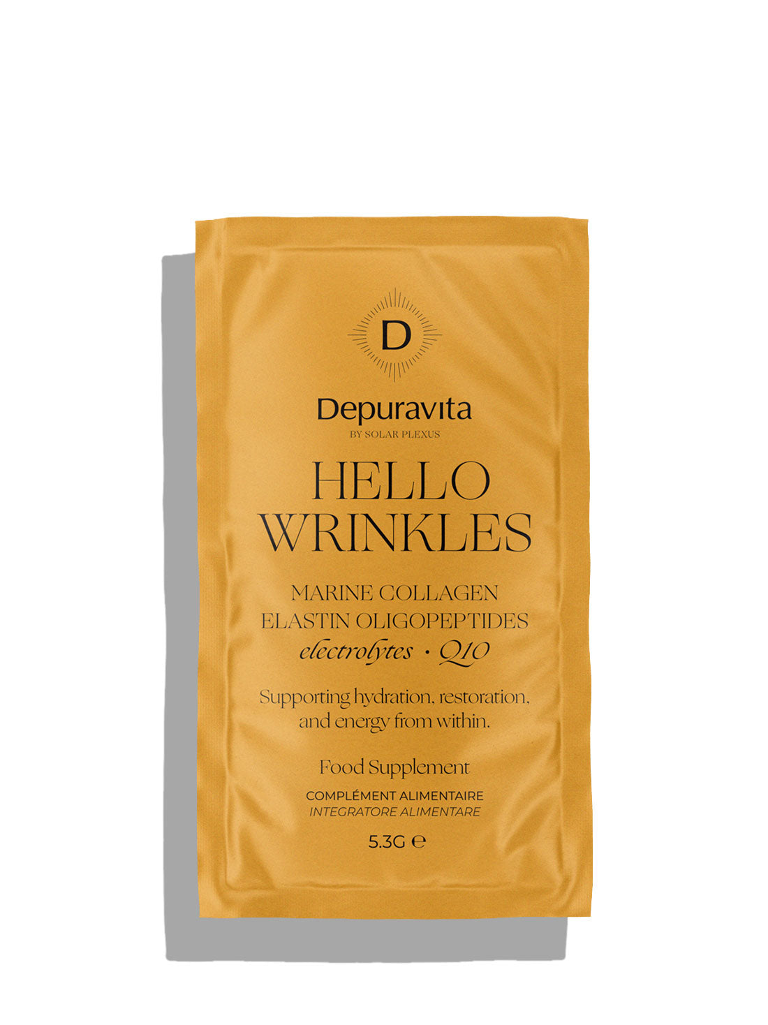 A single gold-colored sachet of Depuravita Hello Wrinkles marine collagen food supplement, photographed on a clean white background with a soft drop shadow.