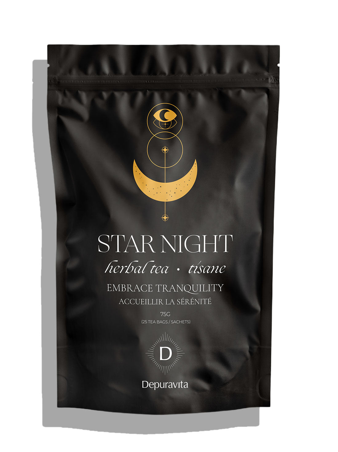 A black resealable stand-up pouch of Depuravita Star Night herbal tea with a gold crescent moon and star design, shown on a white background with a soft shadow.