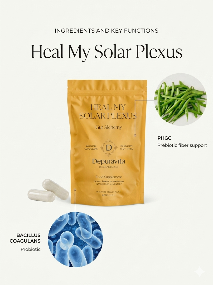 heal my solar plexus probiotic bacillus coagulans and PHGG pills for gut health by depuravita
